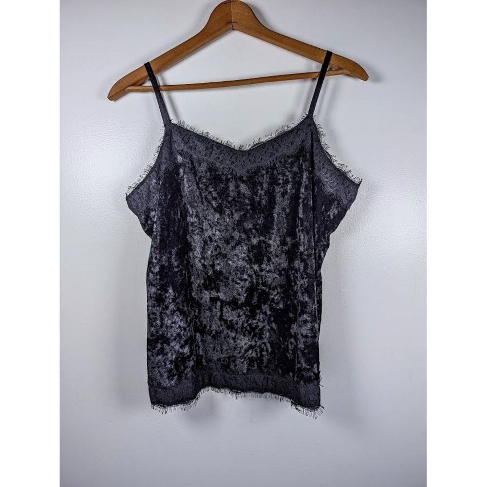 Y2K Whimsigoth Black Velvet Lace Trim Cami Top Size XL Dainty Festival Goth Edgy